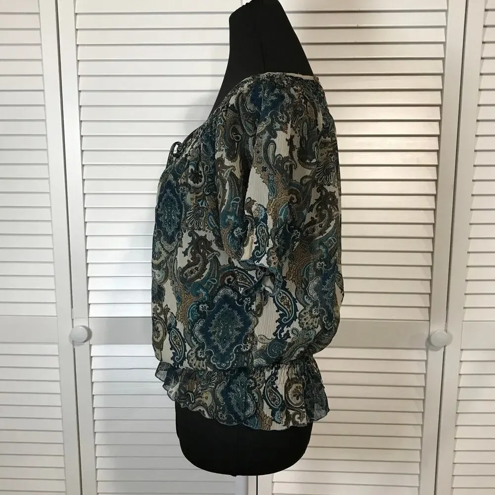 a.n.a. A New Approach Boho Blue Paisley Ruffle Semi Sheer Blouse M - Picture 2 of 9